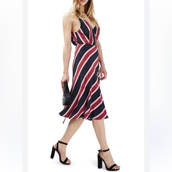 Top Shop Striped V-Neck Midi Wrap Dress - Red and Black - Picture 1 of 13